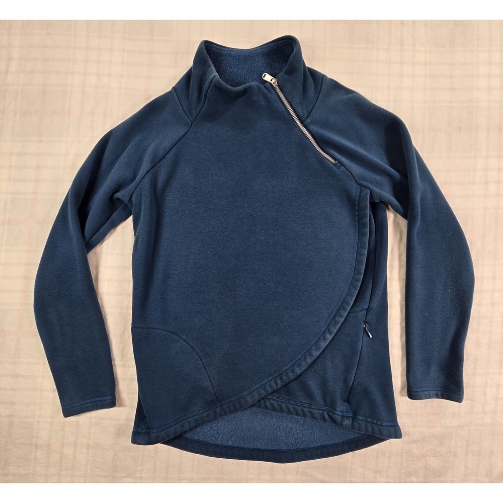 Athleta Cozy Karma Asymmetrical Pullover Fleece Teal Blue Zipper Pocket Womens M